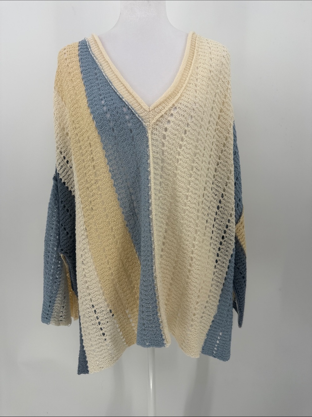 POL Cream Blue Colorblock Crochet Open Knit Oversized Boho Sweater M